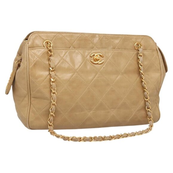 CHANEL Matelasse Chain Shoulder Bag Lamb Skin Beige Gold CC Auth BA2702 - Picture 1 of 16